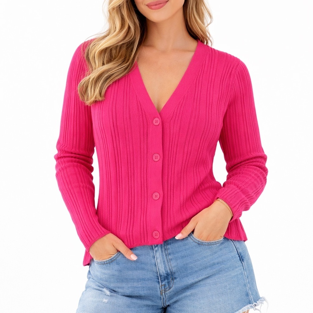 1. State Fuchsia Ribbed V‑Neck Button Cardigan